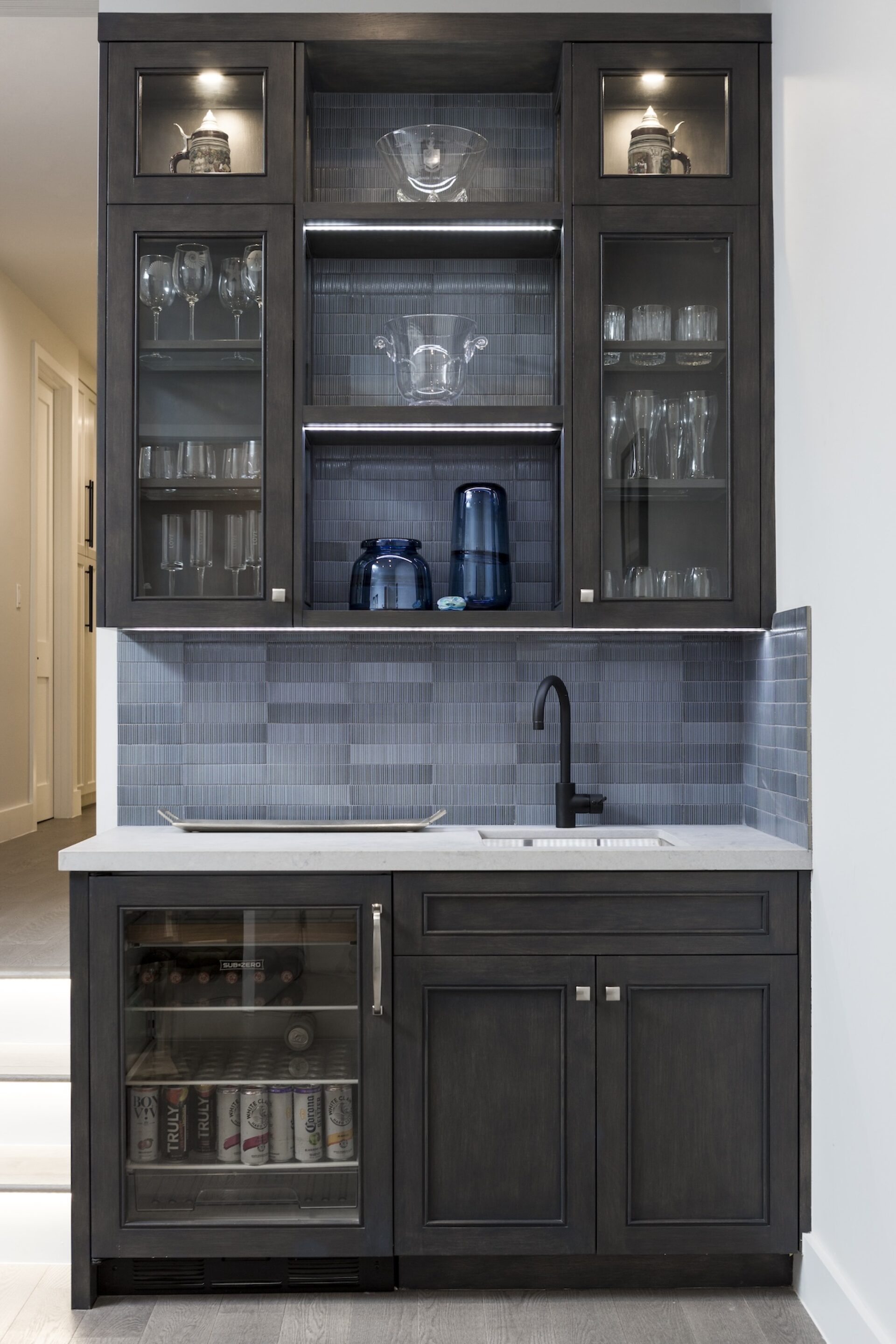 Wet Bar With Blue Tile Backsplash