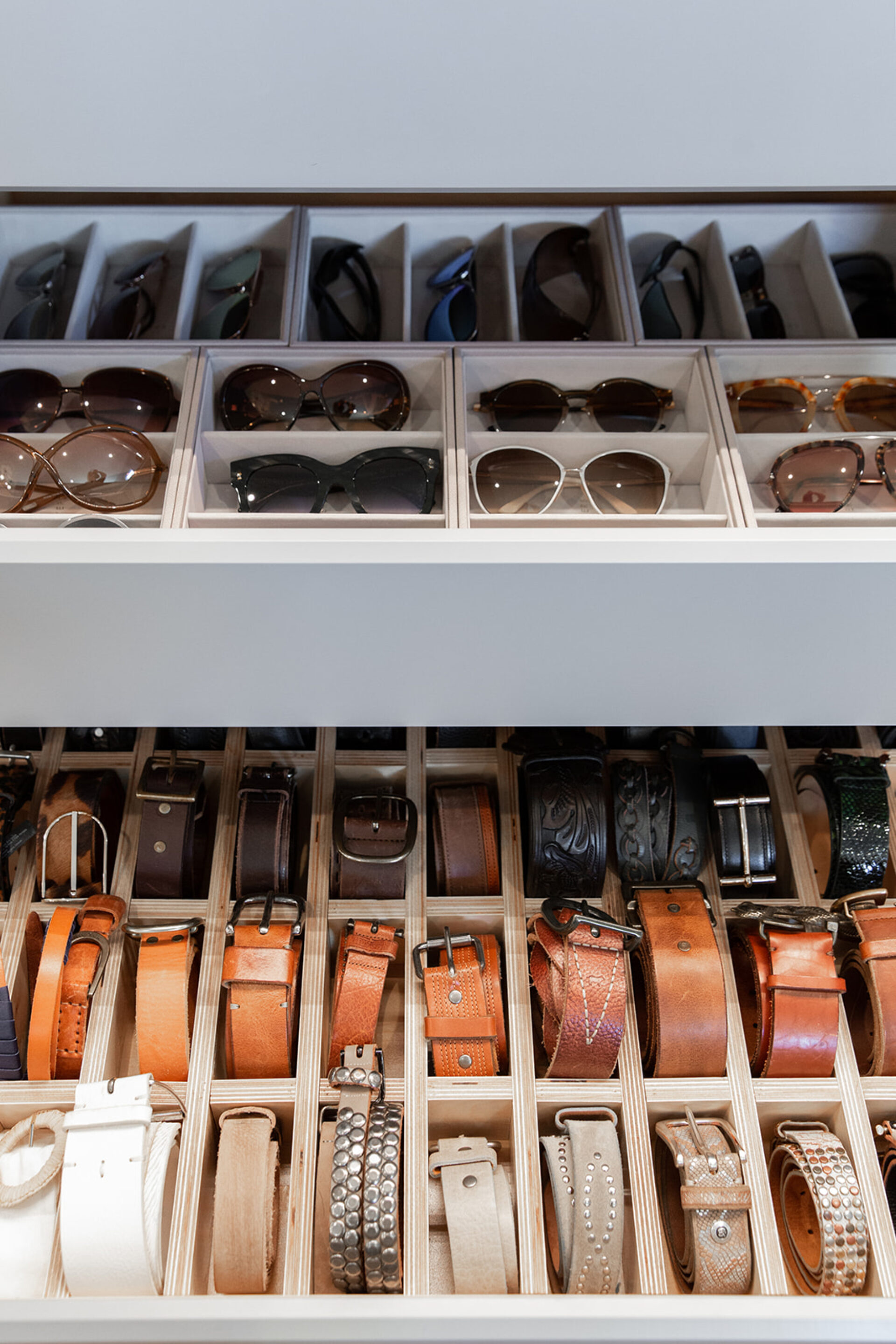 belt storage sunglasses storage walk in closet
