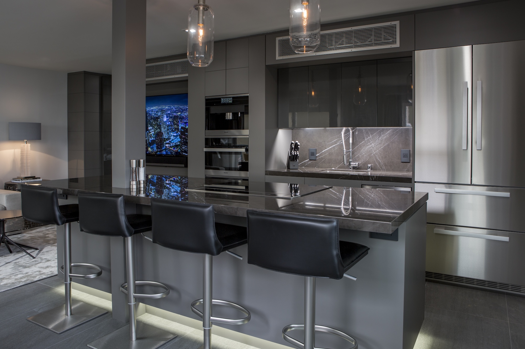 Dark Kitchen Design Black Stools Black Countertop
