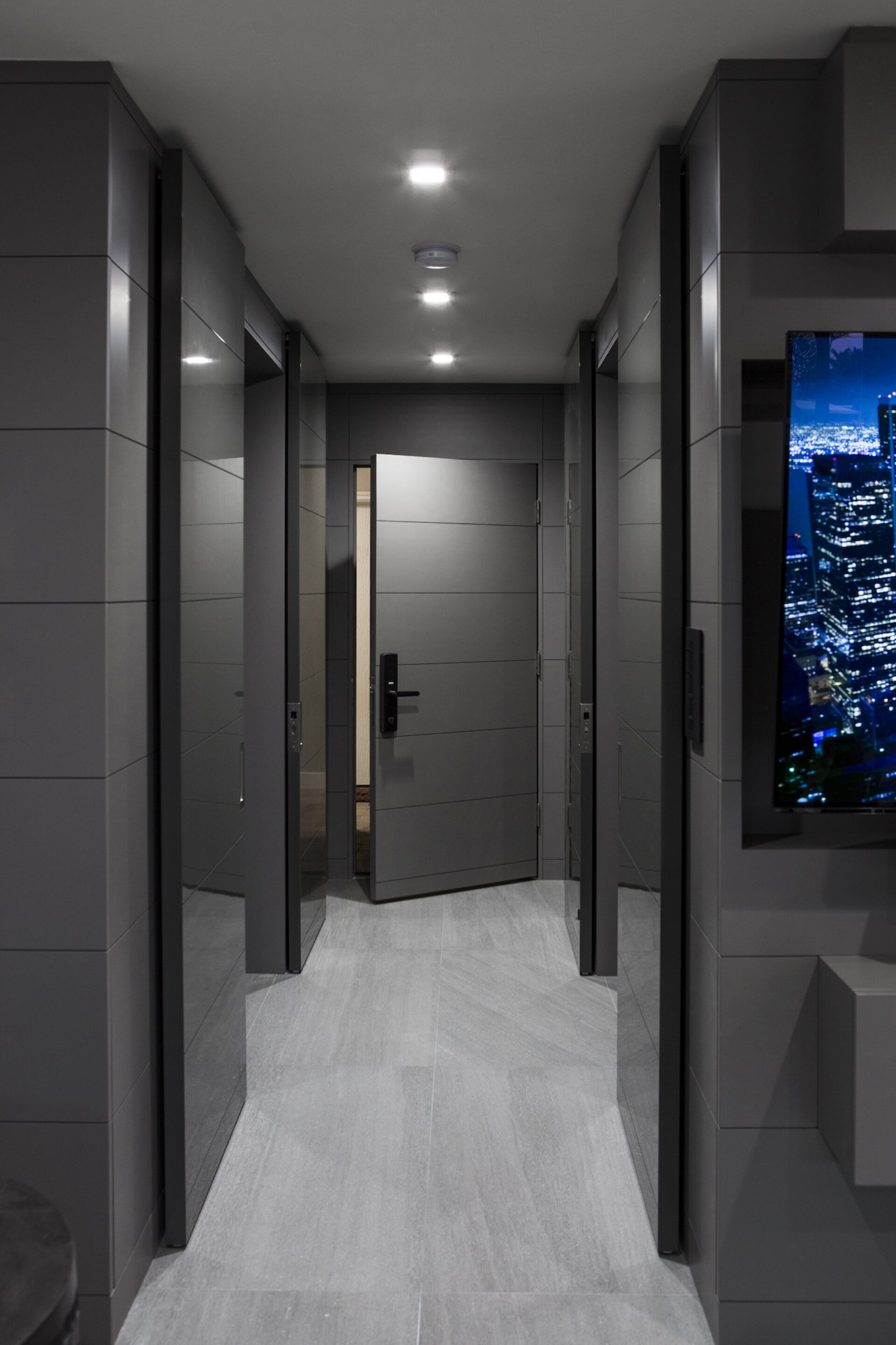 Entryway Interior Design Dark Walls Gray Floor