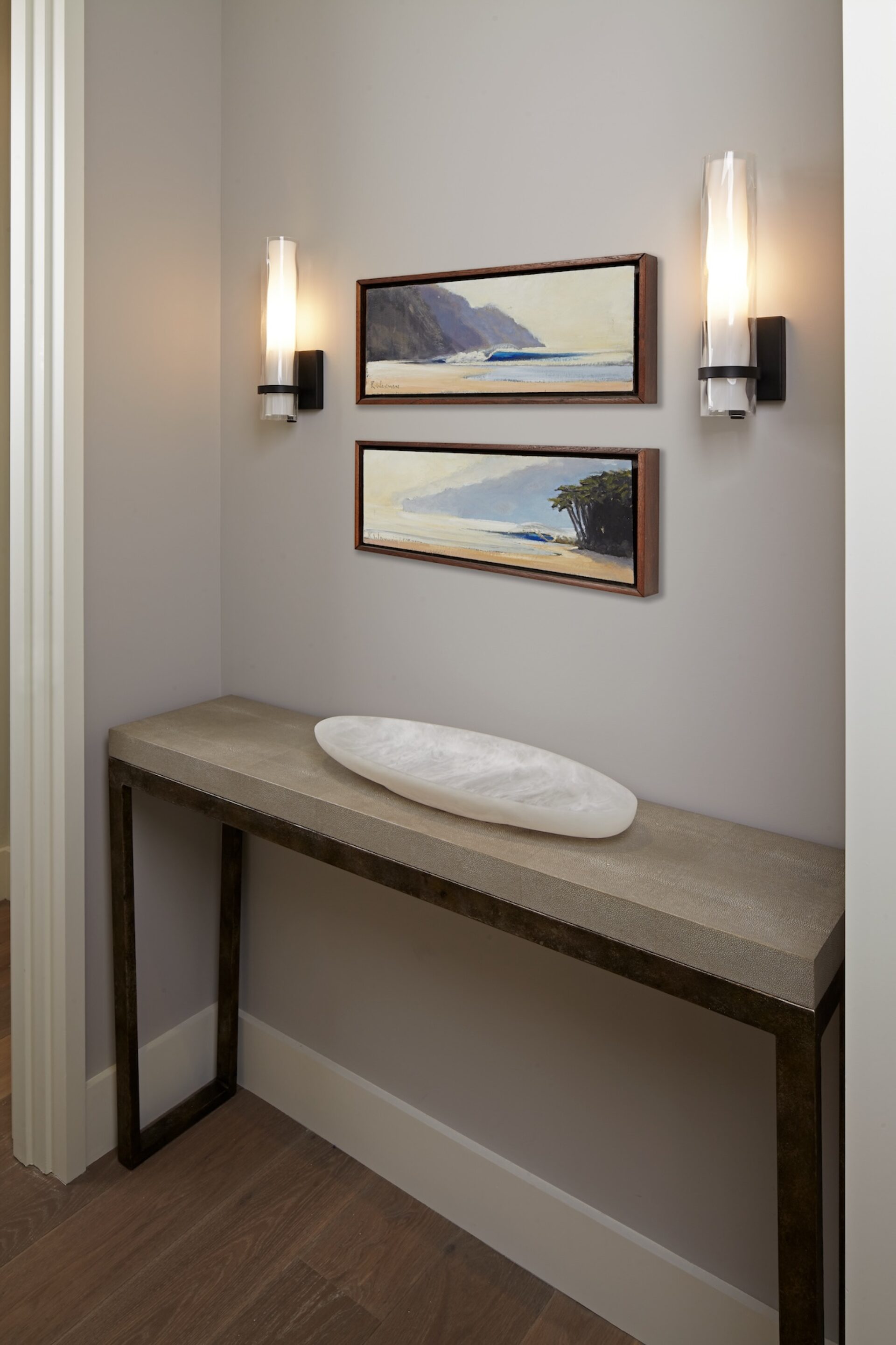 Entryway Table Framed Artwork Lighting Sconces