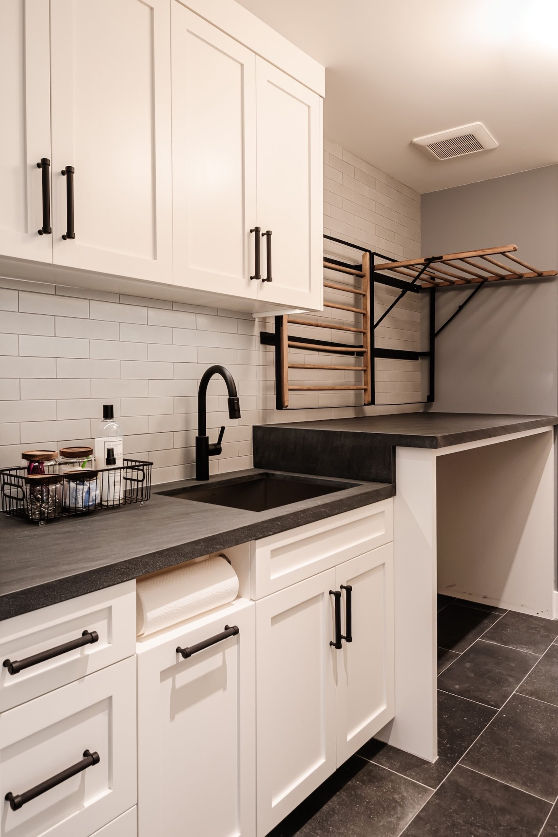 Laundry Room Interior Design Black Countertops White Cabinets