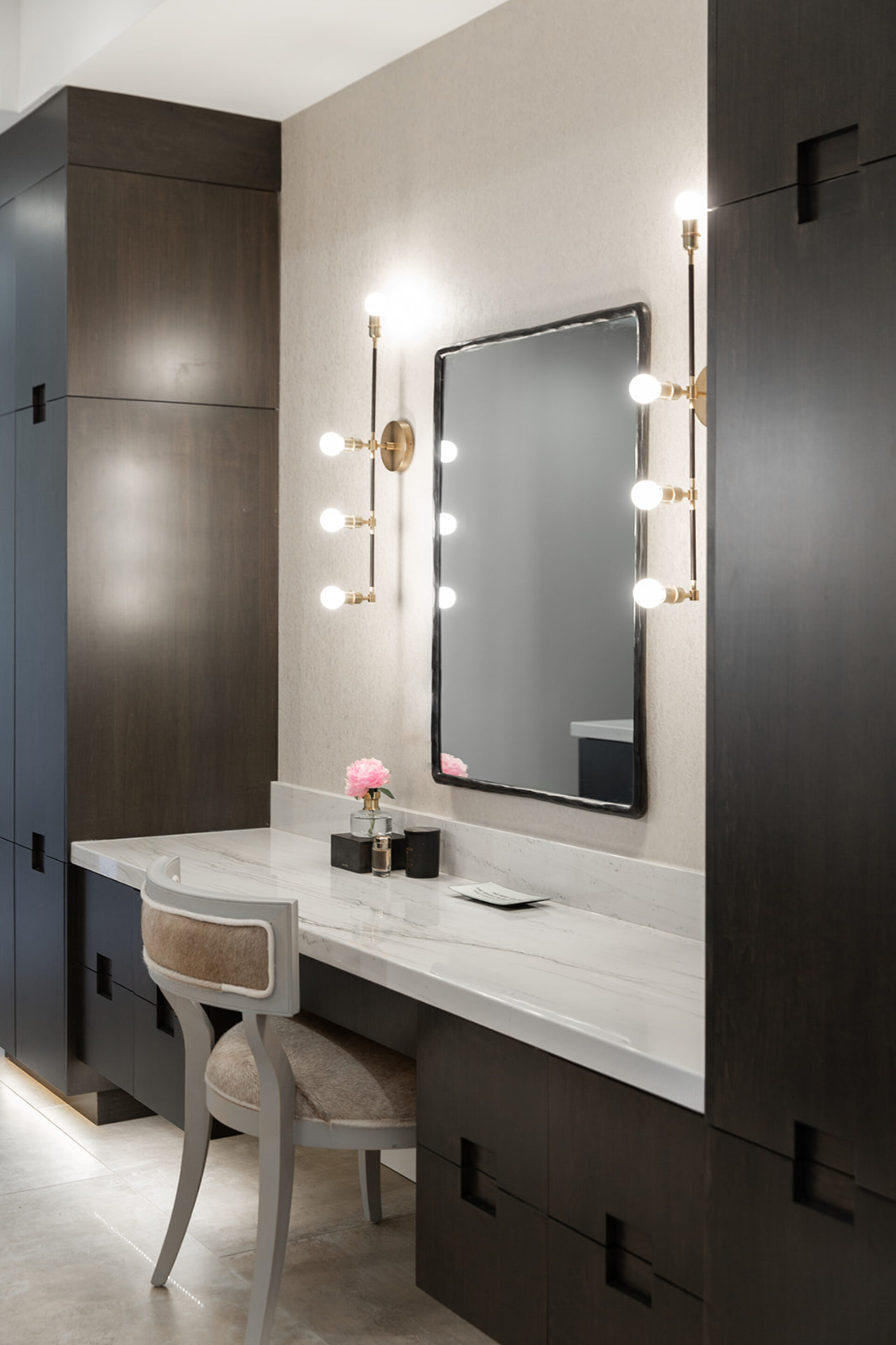 makeup vanity in bathroom with lighting around mirror