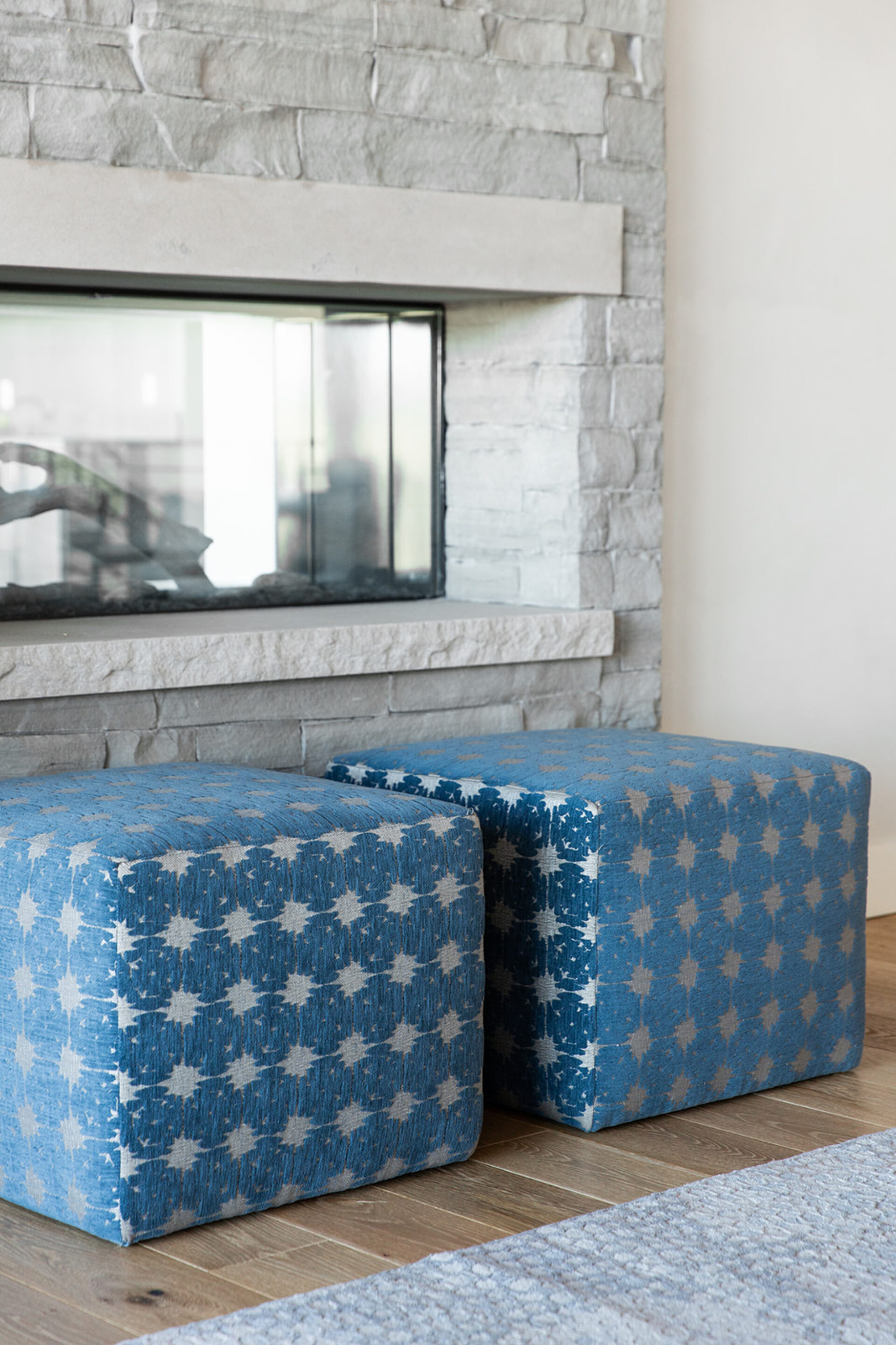 matching square blue ottomans cubes